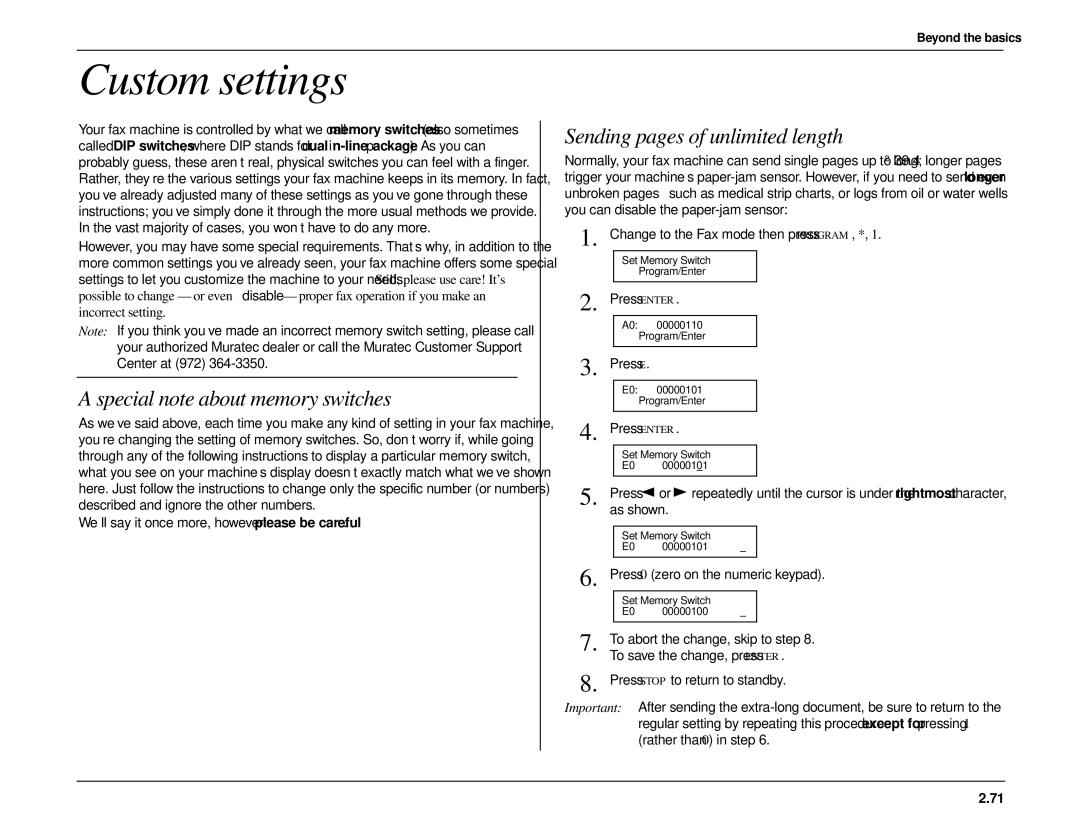 Muratec MFX-1500 manual Custom settings, Special note about memory switches, Sending pages of unlimited length, Press E 