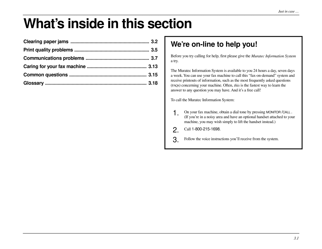 Muratec MFX-1500 manual What’s inside in this section, Machine, you may wish simply to lift the handset instead, Call 