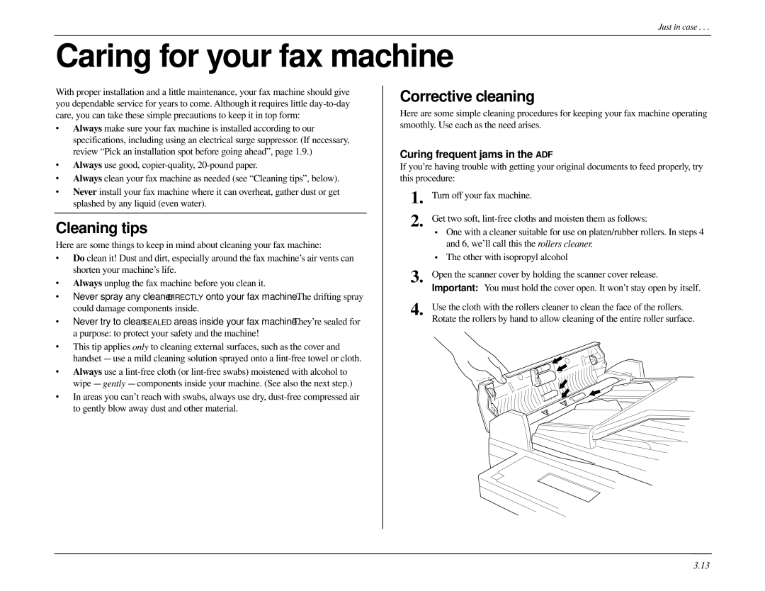 Muratec MFX-1500 manual Caring for your fax machine, Corrective cleaning, Curing frequent jams in the ADF 