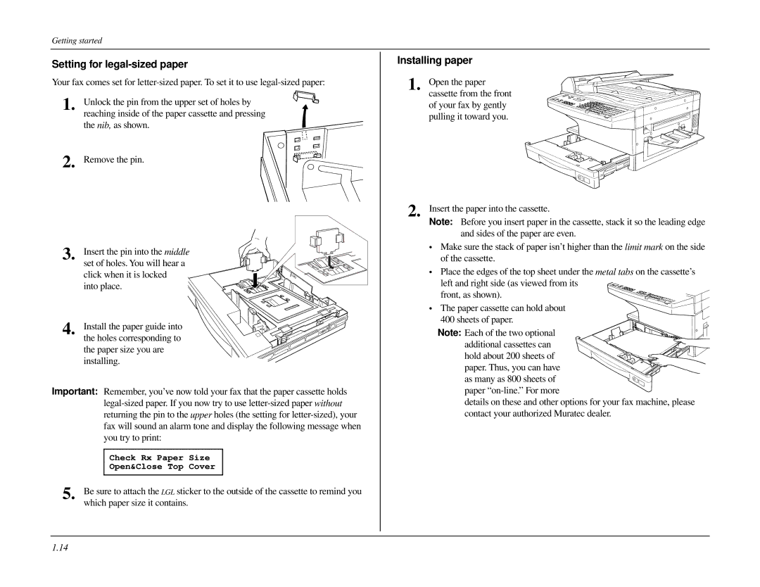 Muratec MFX-1500 manual Setting for legal-sized paper, Installing paper 