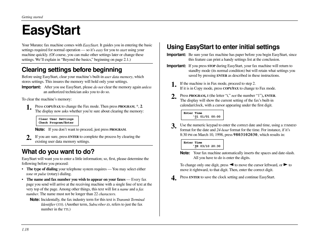 Muratec MFX-1500 manual EasyStart, Clearing settings before beginning, What do you want to do? 