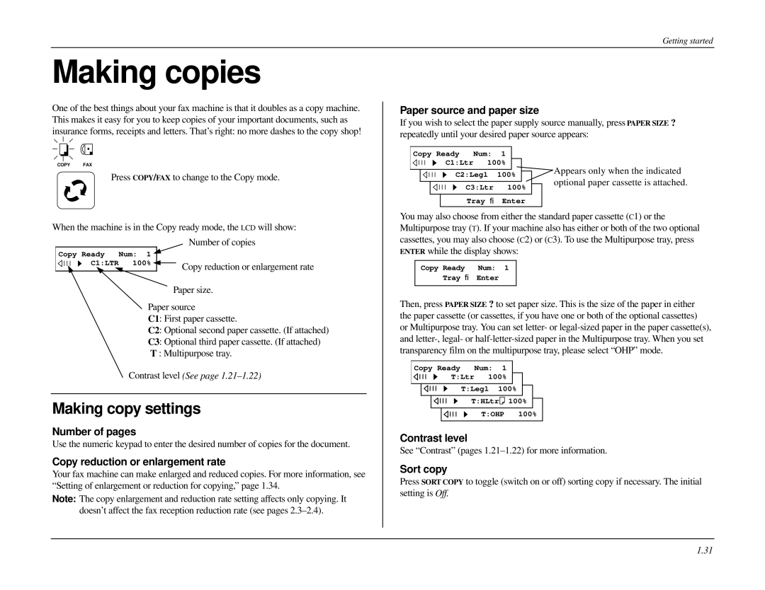 Muratec MFX-1500 manual Making copies, Making copy settings 