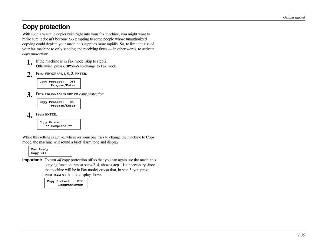 Muratec MFX-1500 manual Copy protection, Press Program to turn on copy protection, Press Enter 