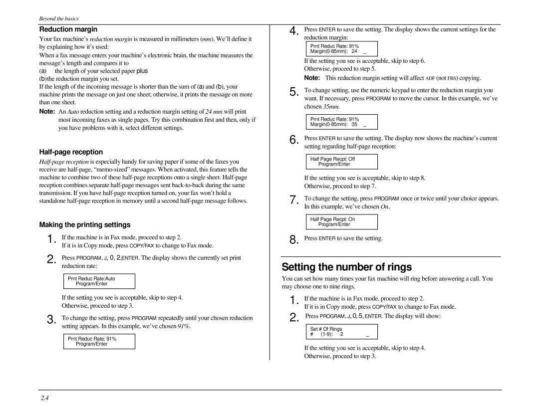 Muratec MFX-1500 manual Setting the number of rings, Reduction margin, Half-page reception, Making the printing settings 