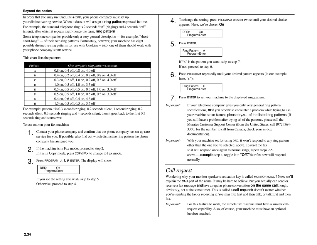 Muratec MFX-1500 manual Call request, Pattern One complete ring pattern seconds 