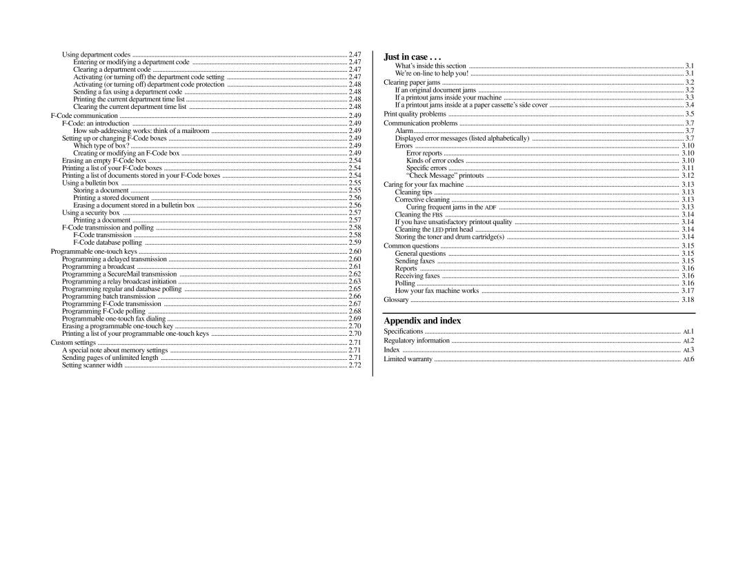 Muratec MFX-1500 manual Just in case, Appendix and index 