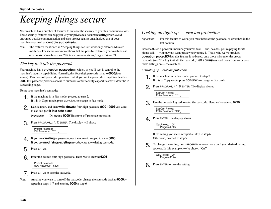 Muratec MFX-1500 manual Key to it all the passcode, Locking up tight operation protection, Activating operation protection 