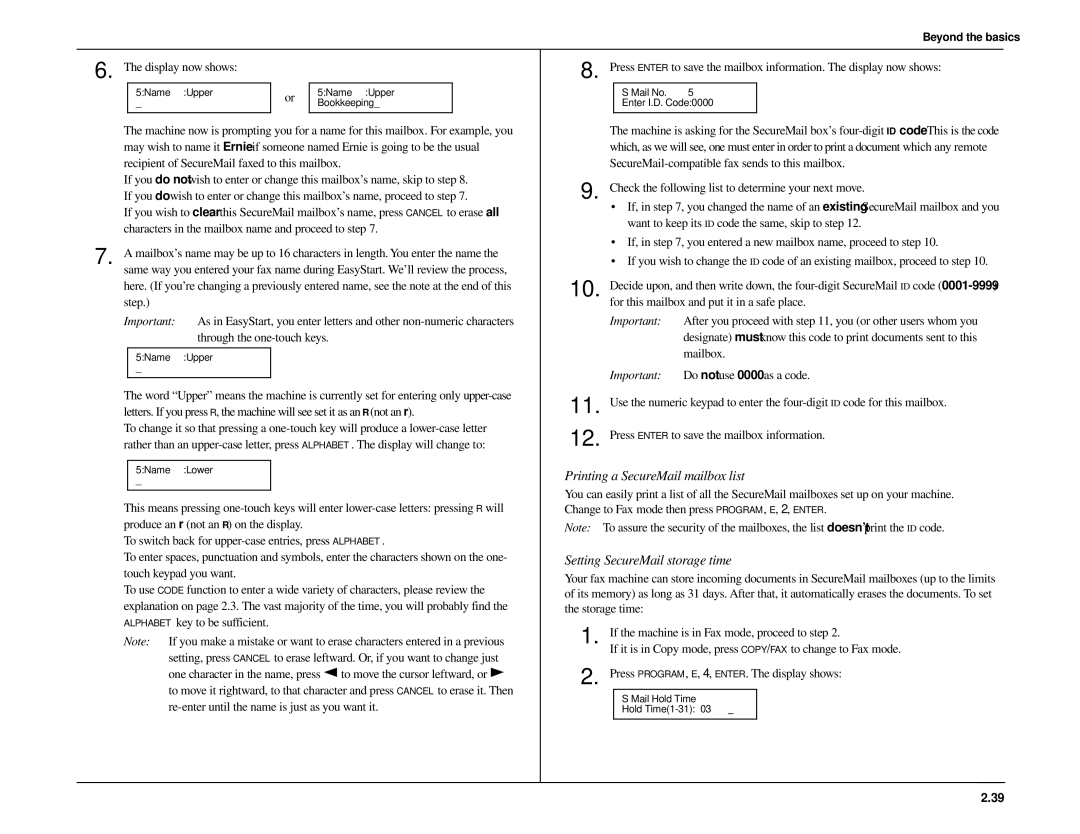 Muratec MFX-1500 manual Printing a SecureMail mailbox list, Setting SecureMail storage time 