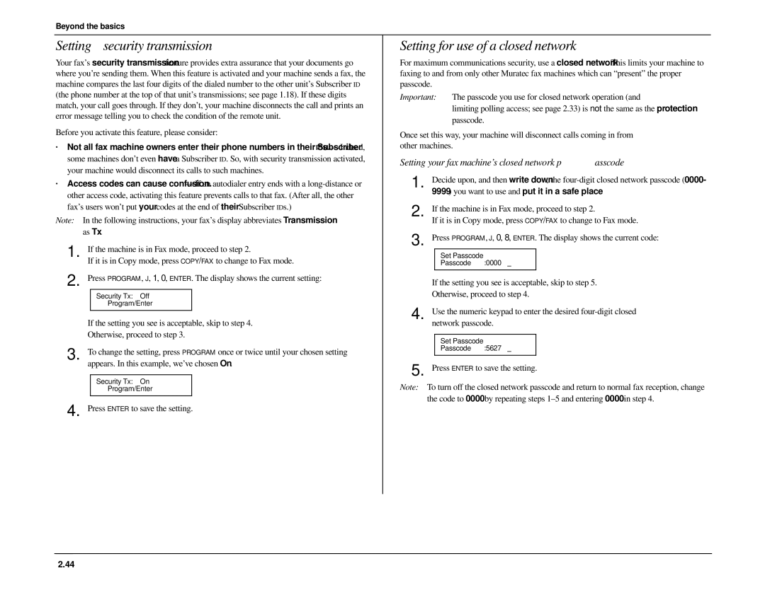 Muratec MFX-1500 manual Setting security transmission, Setting for use of a closed network 