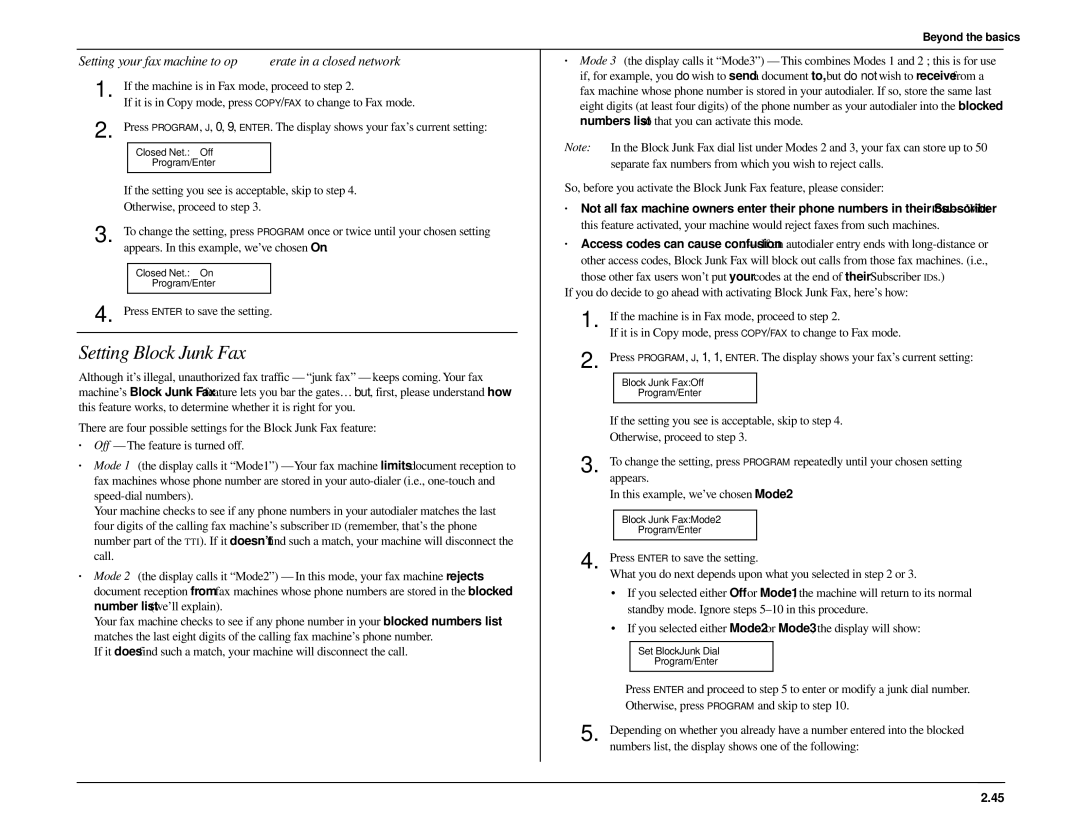 Muratec MFX-1500 manual Setting Block Junk Fax, Setting your fax machine to operate in a closed network 