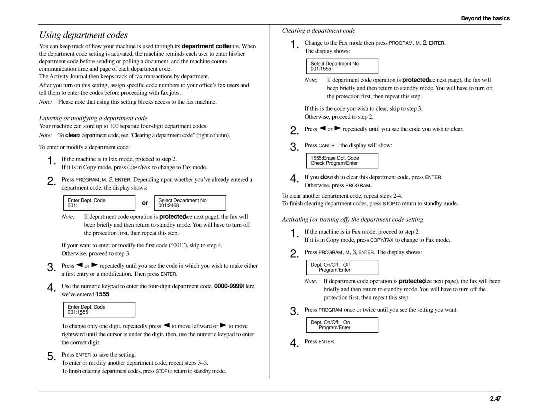 Muratec MFX-1500 manual Using department codes, Entering or modifying a department code, Clearing a department code 