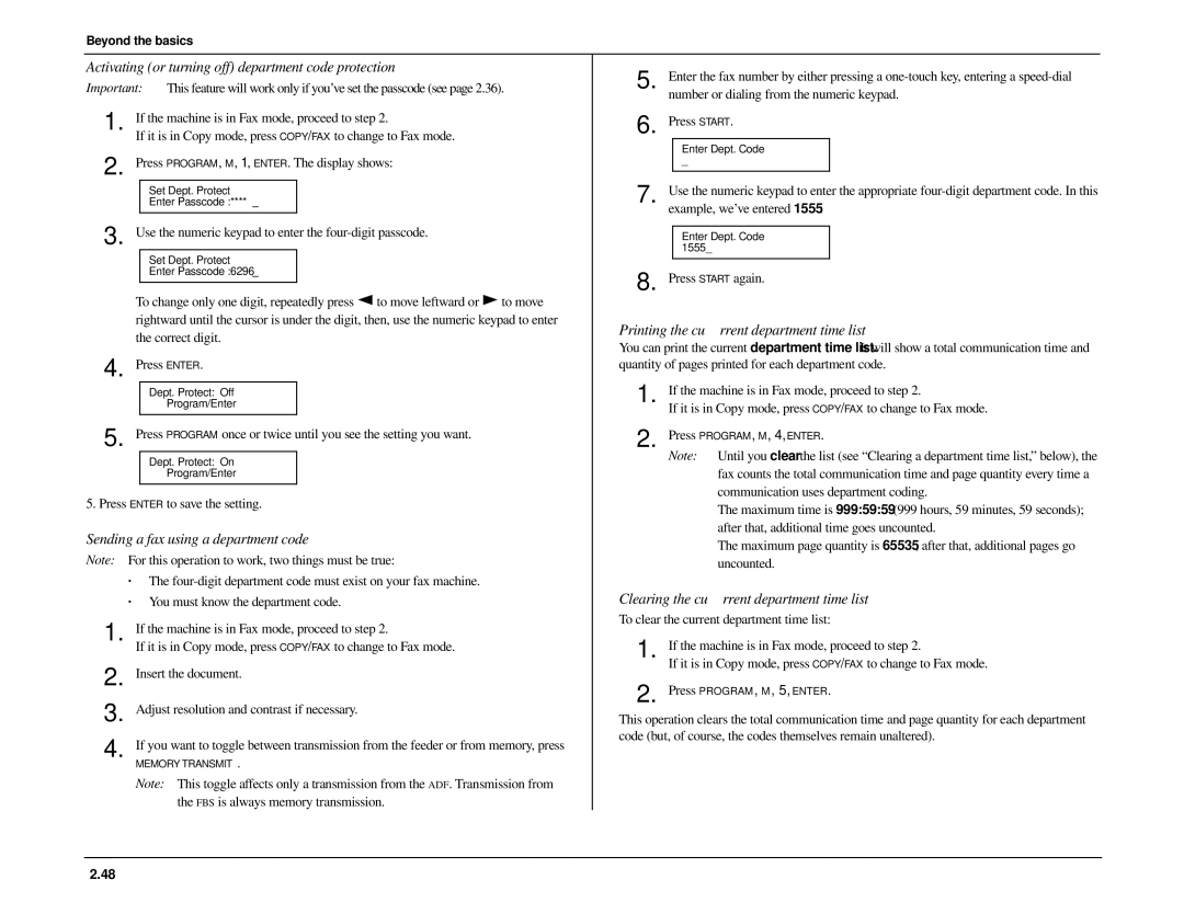 Muratec MFX-1500 manual Activating or turning off department code protection, Sending a fax using a department code 