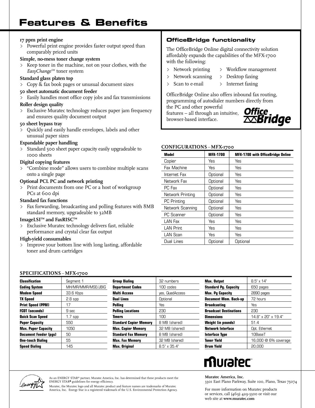 Muratec MFX-1700 specifications Features & Benefits 