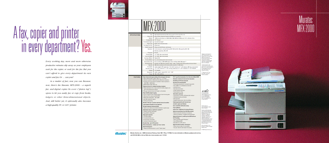 Muratec MFX-2000 specifications Specifications, A T U R E S 