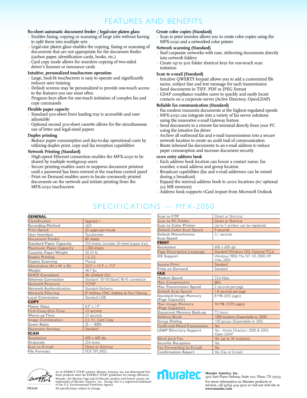 Muratec MFX-2050 manual Intuitive, personalized touchscreen operation, Flexible paper capacity, Duplex printing 