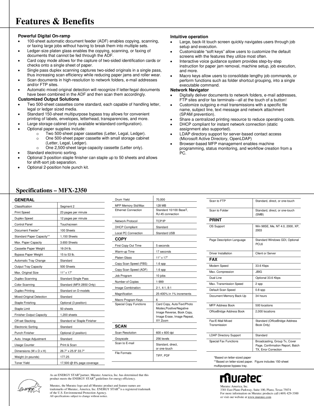 Muratec MFX-2350 D specifications Specifications MFX-2350 