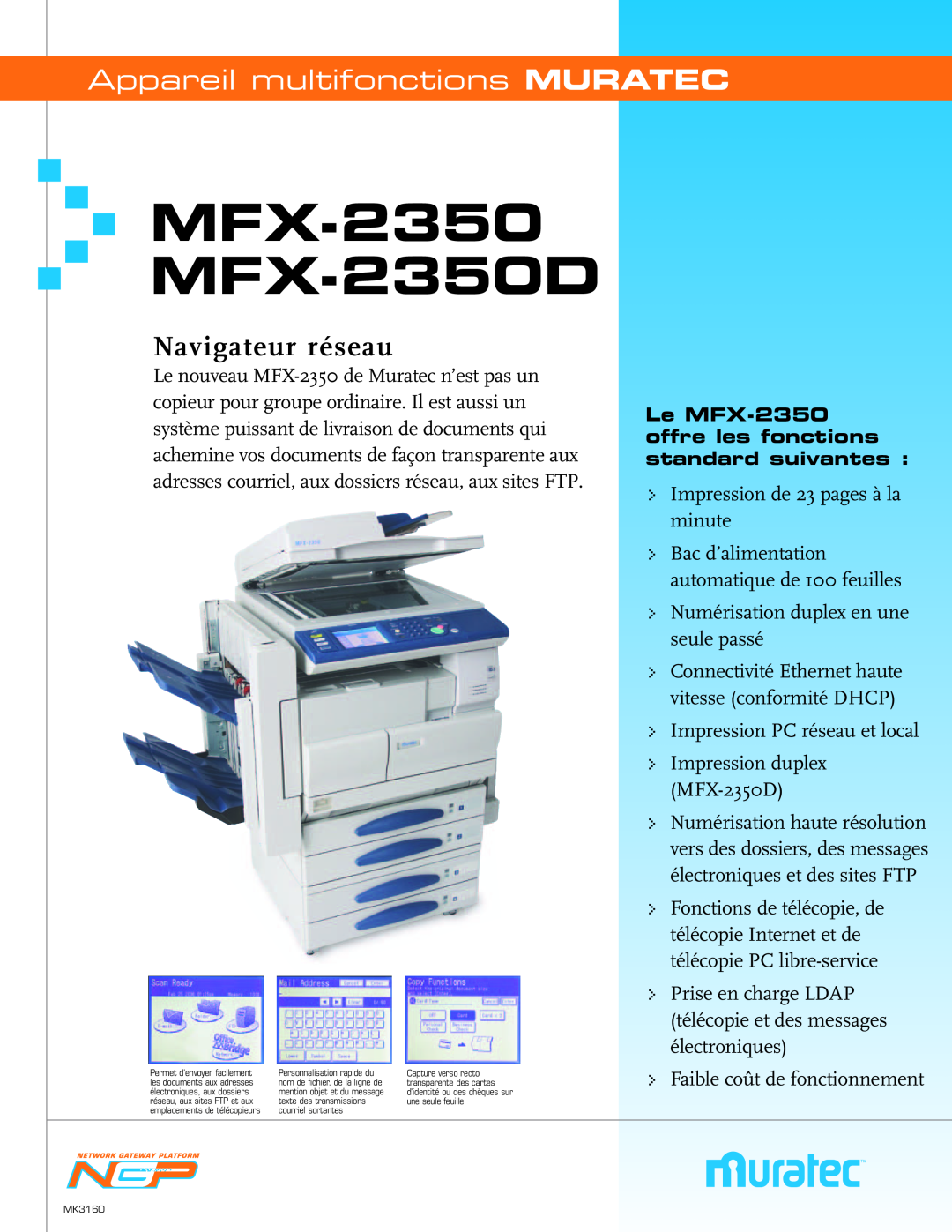 Muratec MFX-2350 manual Appareil multifonctions MURATEC, MFXMFX--23502350D, Navigateur réseau 
