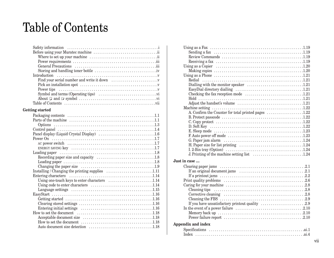 Muratec MFX-2500 operating instructions Table of Contents 