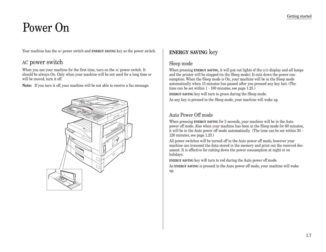 Muratec MFX-2500 operating instructions Power On, AC power switch, Sleep mode, Auto Power Off mode 