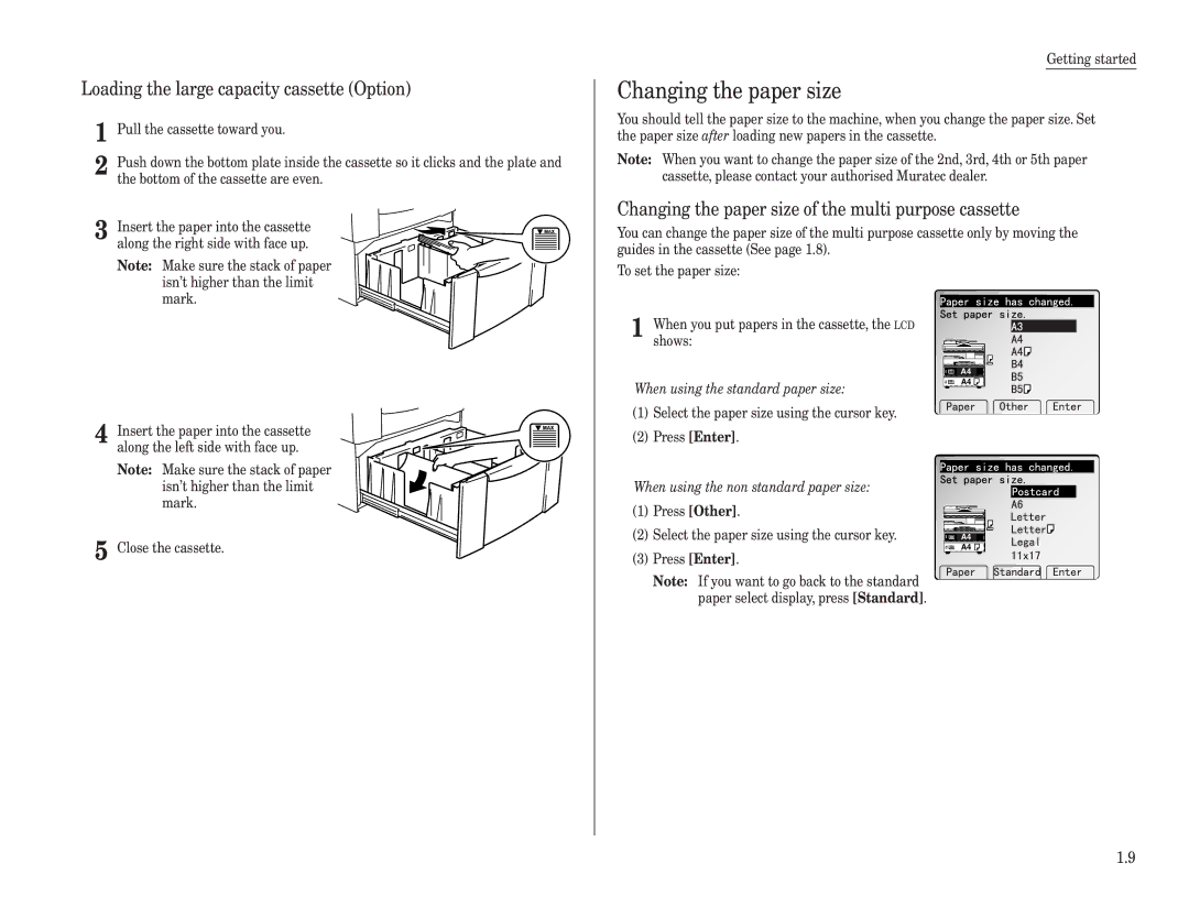 Muratec MFX-2500 operating instructions Changing the paper size, Loading the large capacity cassette Option 