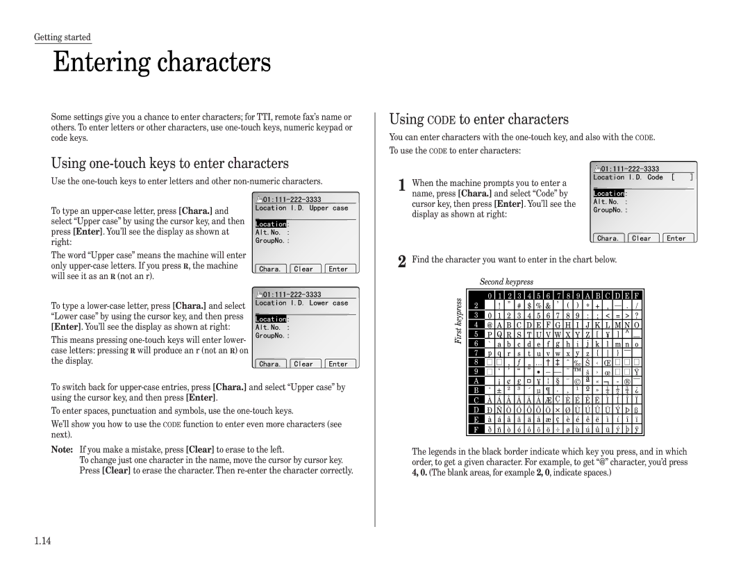 Muratec MFX-2500 Entering characters, Using one-touch keys to enter characters, Using Code to enter characters 