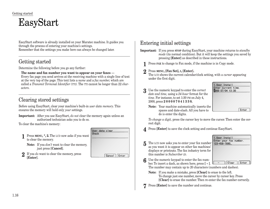 Muratec MFX-2500 operating instructions EasyStart, Getting started, Clearing stored settings, Entering initial settings 