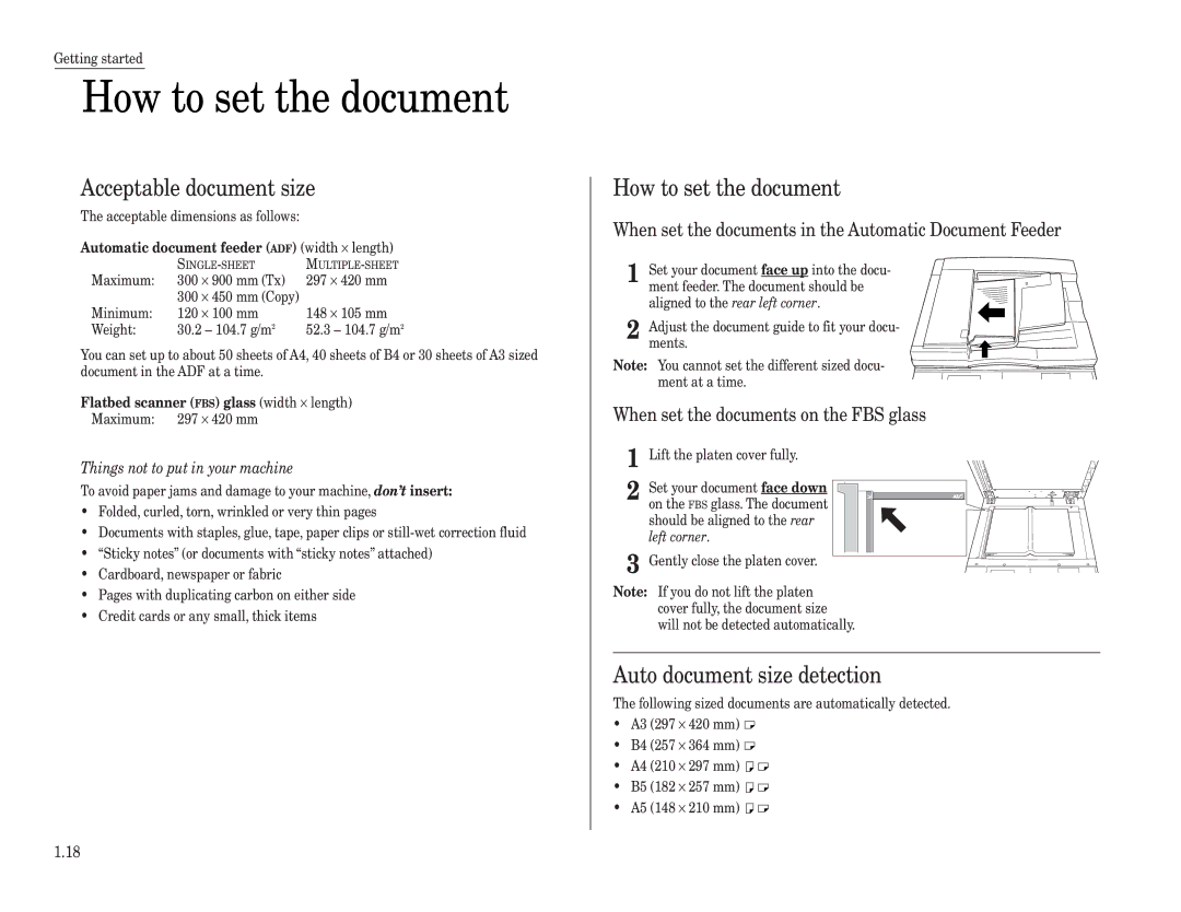 Muratec MFX-2500 operating instructions How to set the document, Acceptable document size, Auto document size detection 