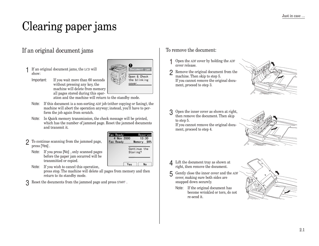 Muratec MFX-2500 operating instructions Clearing paper jams, If an original document jams, To remove the document 