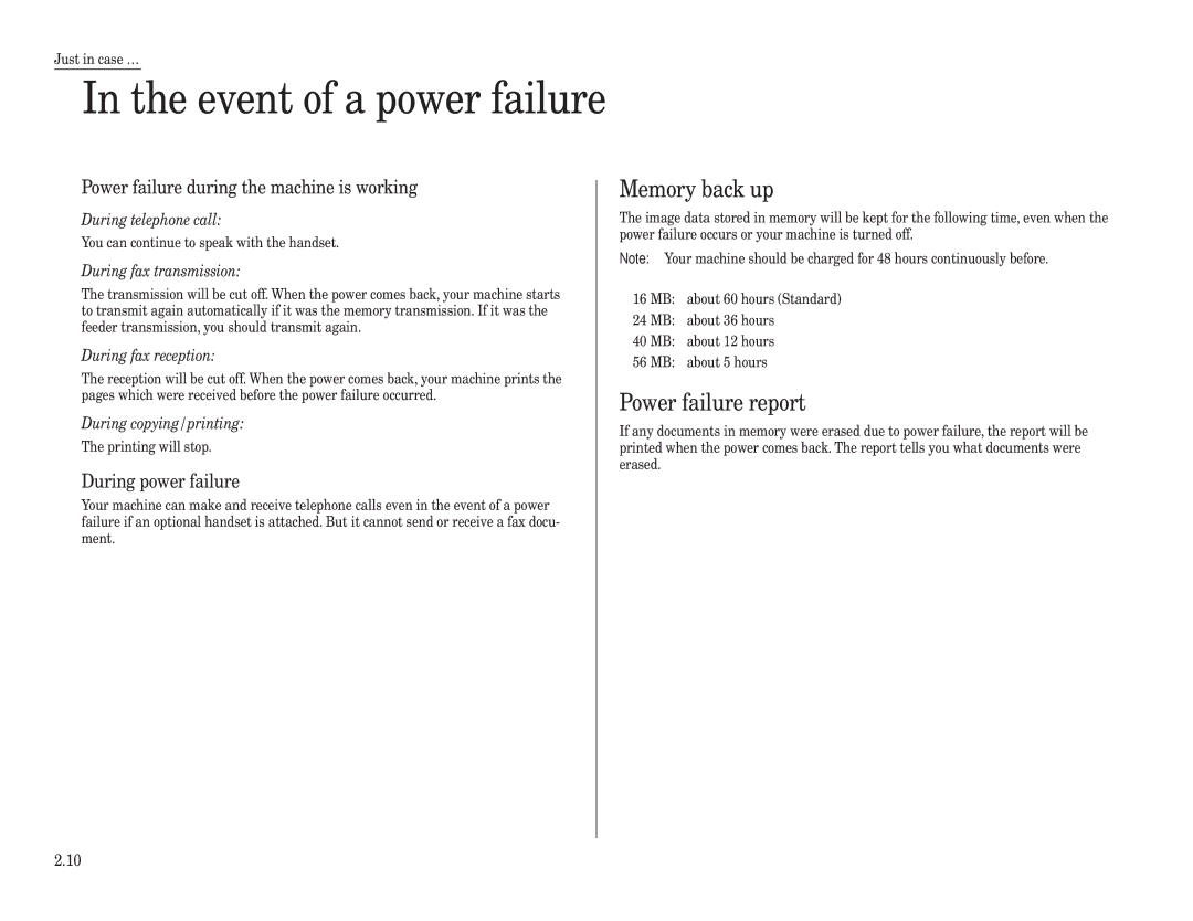 Muratec MFX-2500 Event of a power failure, Memory back up, Power failure report, During power failure 