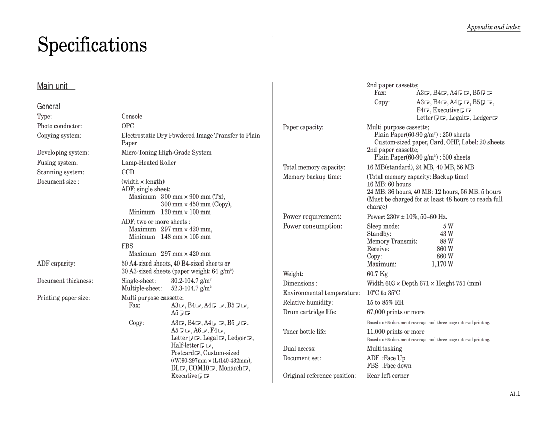 Muratec MFX-2500 operating instructions Specifications, Main unit 