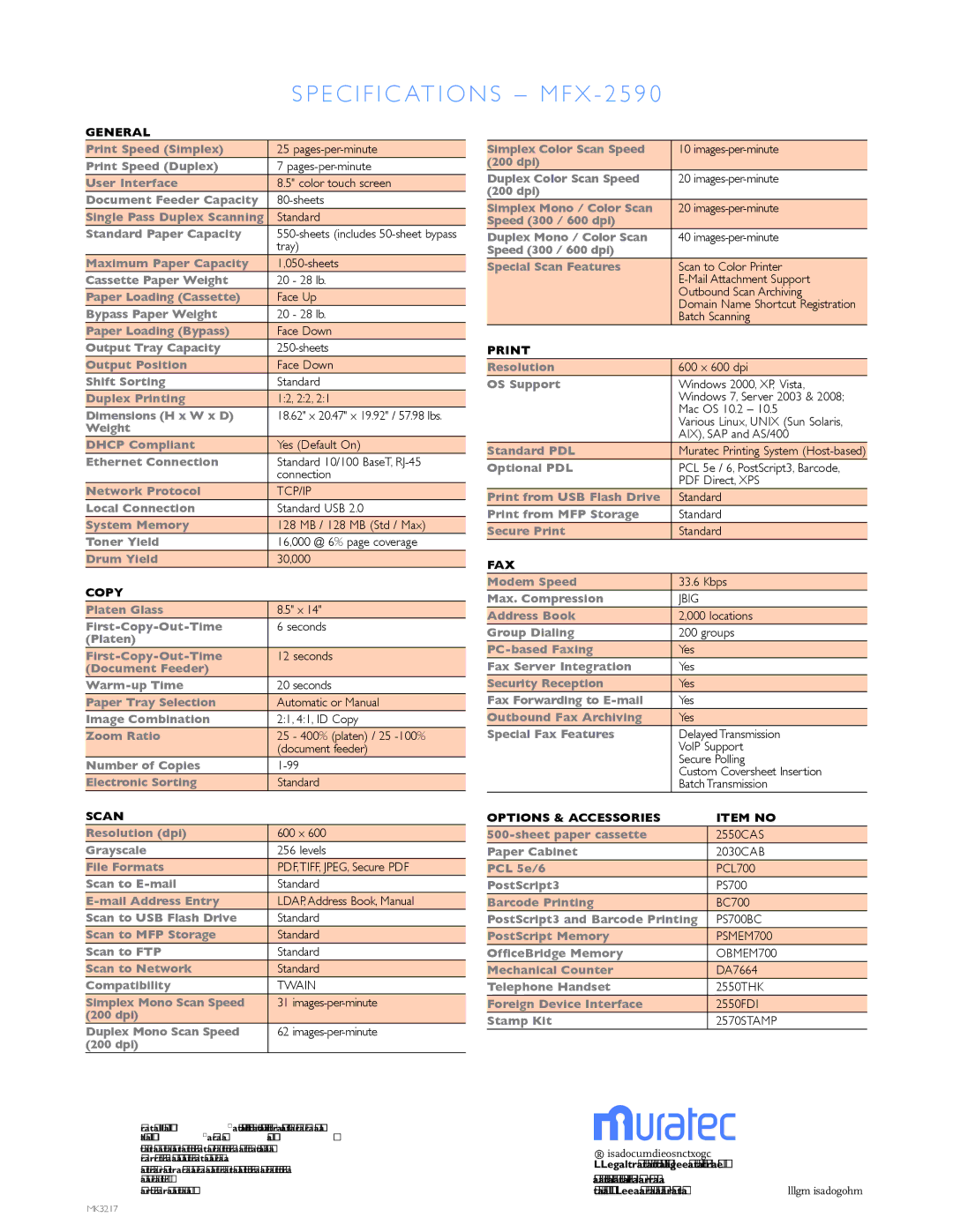 Muratec MFX-2590 manual E c i f i c at i o n s M F X 2 5 9 