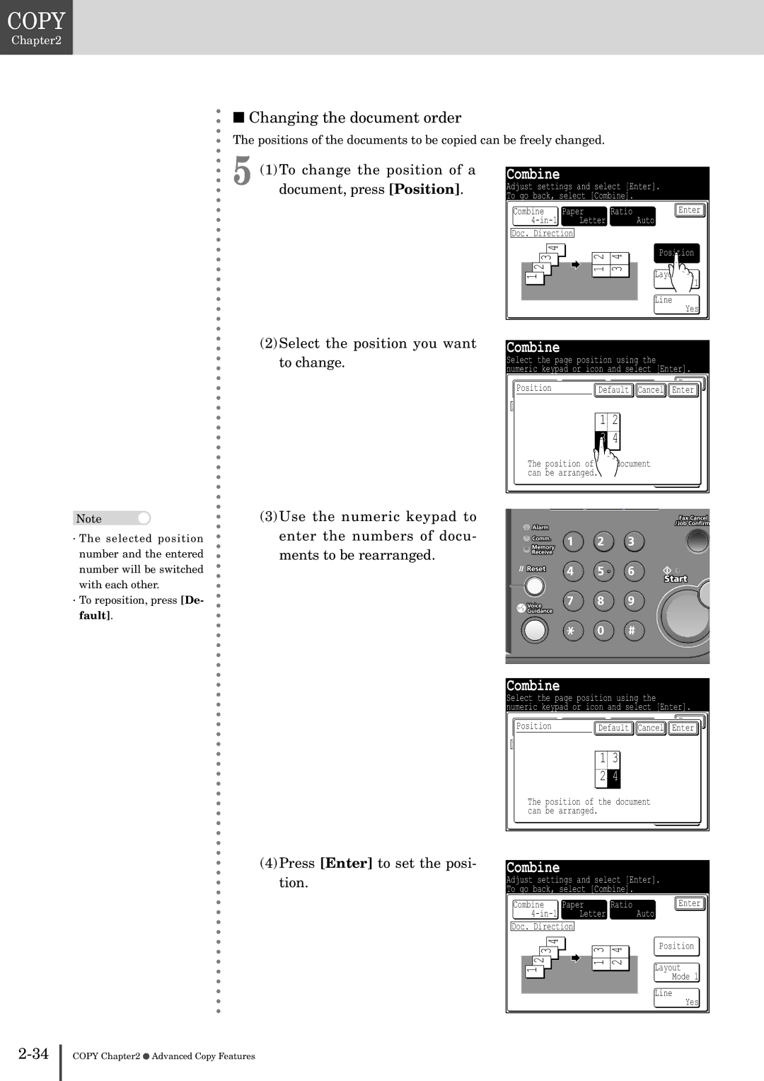 Muratec MFX-2830 manual Changing the document order, To change the position of a, Document, press Position 