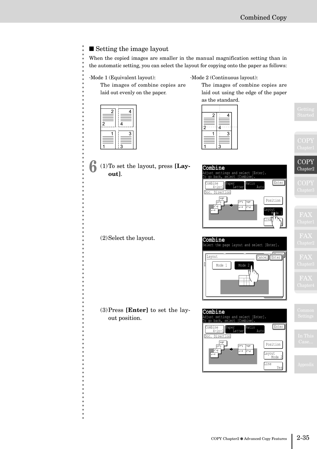 Muratec MFX-2830 manual Combined Copy Setting the image layout, To set the layout, press Lay- out, Layout, Mode 