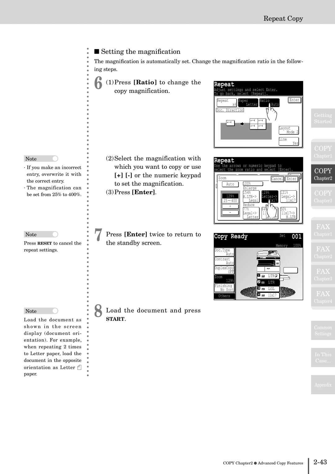 Muratec MFX-2830 manual Repeat Copy Setting the magniﬁcation, Press Ratio to change the copy magnification 