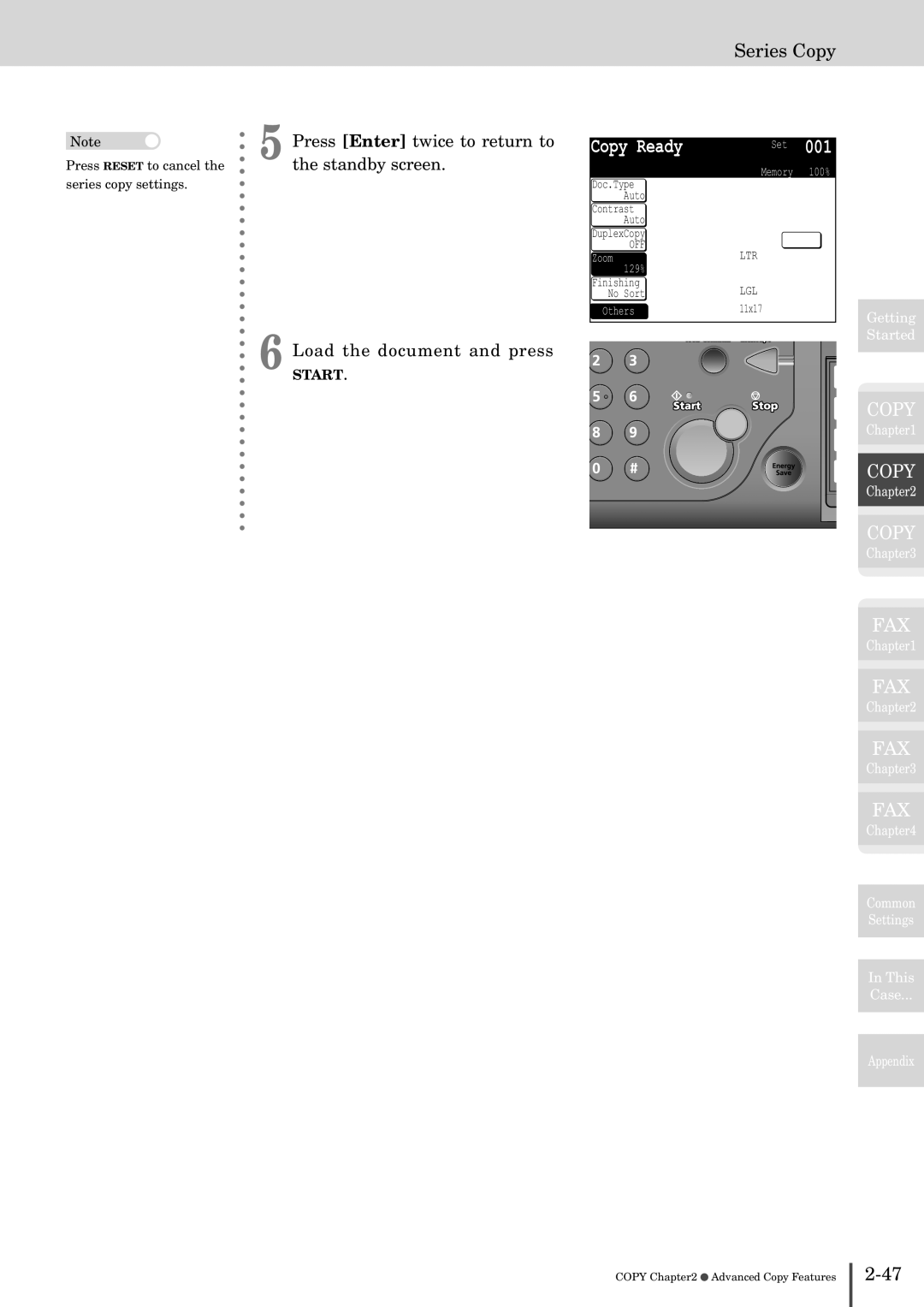 Muratec MFX-2830 manual Press Reset to cancel the series copy settings 