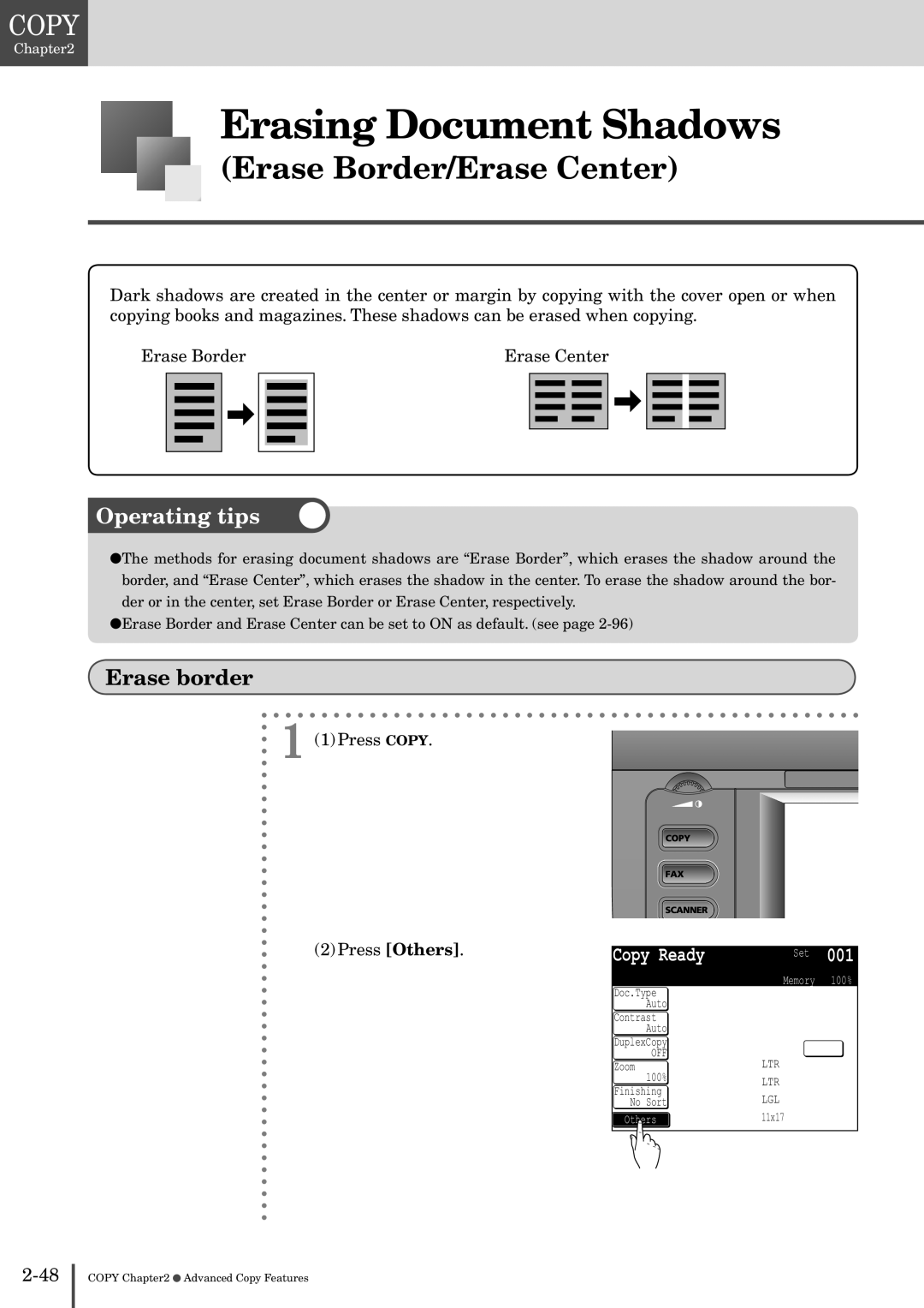 Muratec MFX-2830 manual Erasing Document Shadows, Erase border 