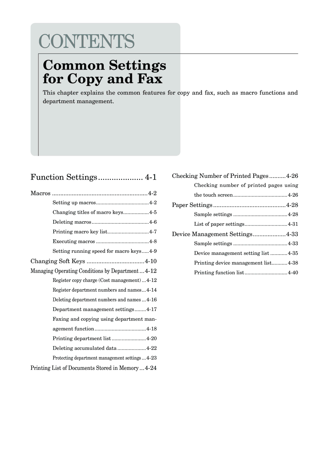 Muratec MFX-2830 manual Changing Soft Keys, Checking Number of Printed Pages, Paper Settings, Device Management Settings 