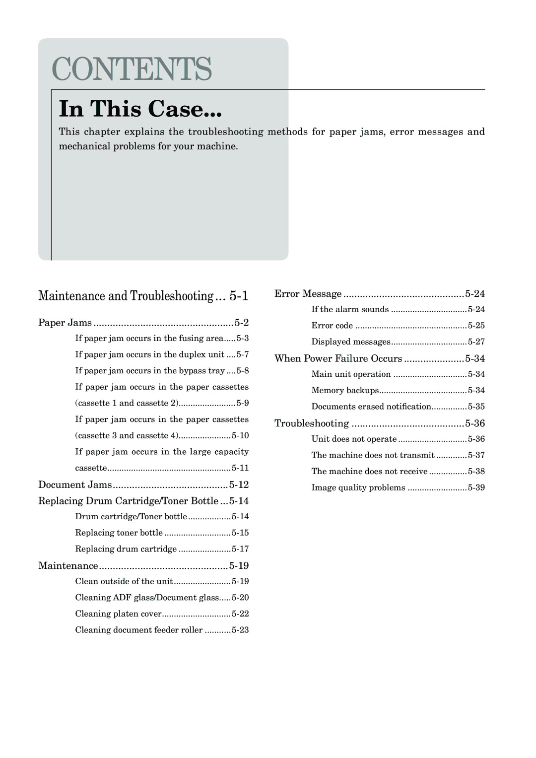 Muratec MFX-2830 manual Document Jams Replacing Drum Cartridge/Toner Bottle, Maintenance, Error Message, Troubleshooting 