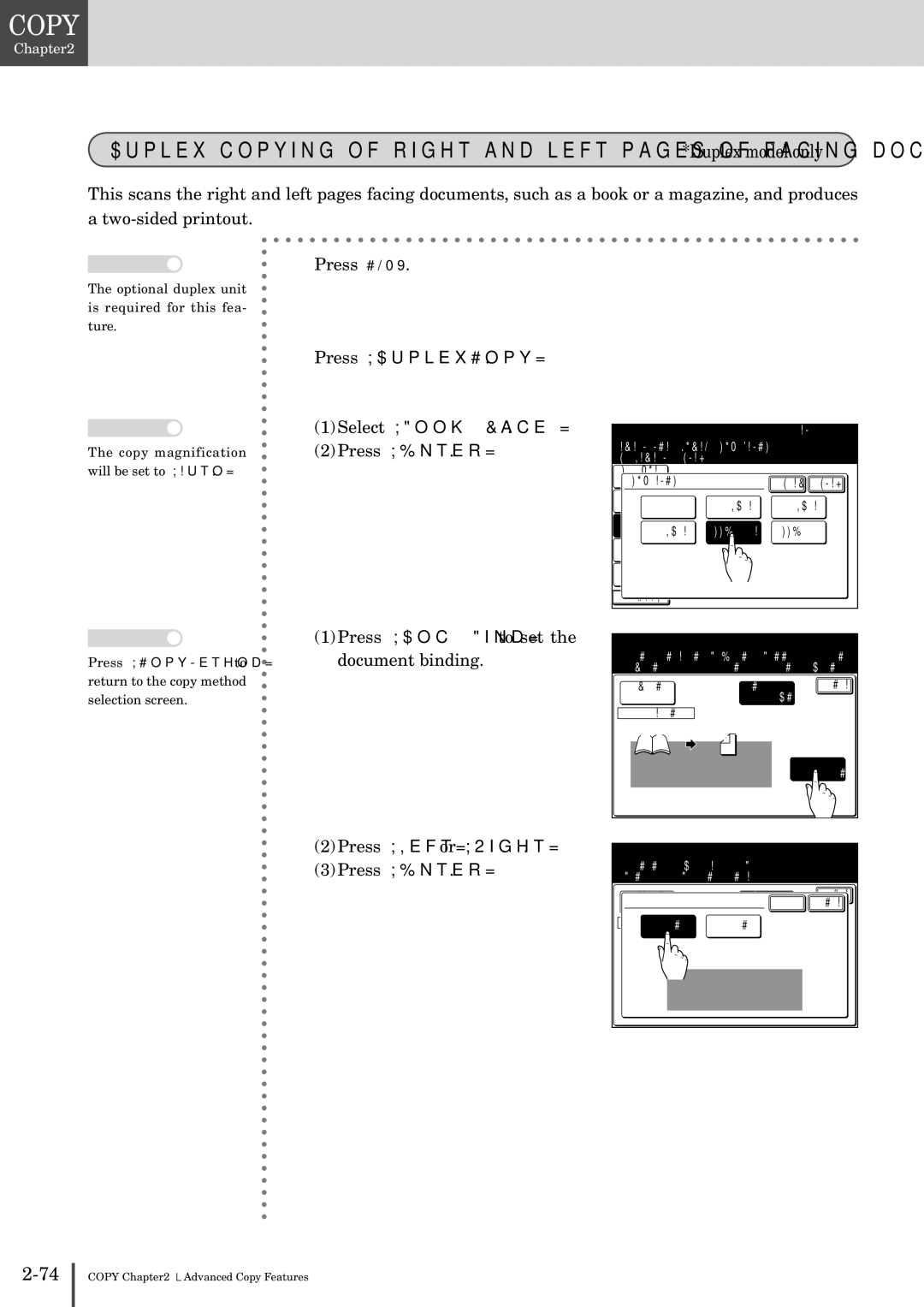 Muratec MFX-2830 manual Press DuplexCopy Select Book Face, Press Enter Press Doc. Bind to set the document binding 