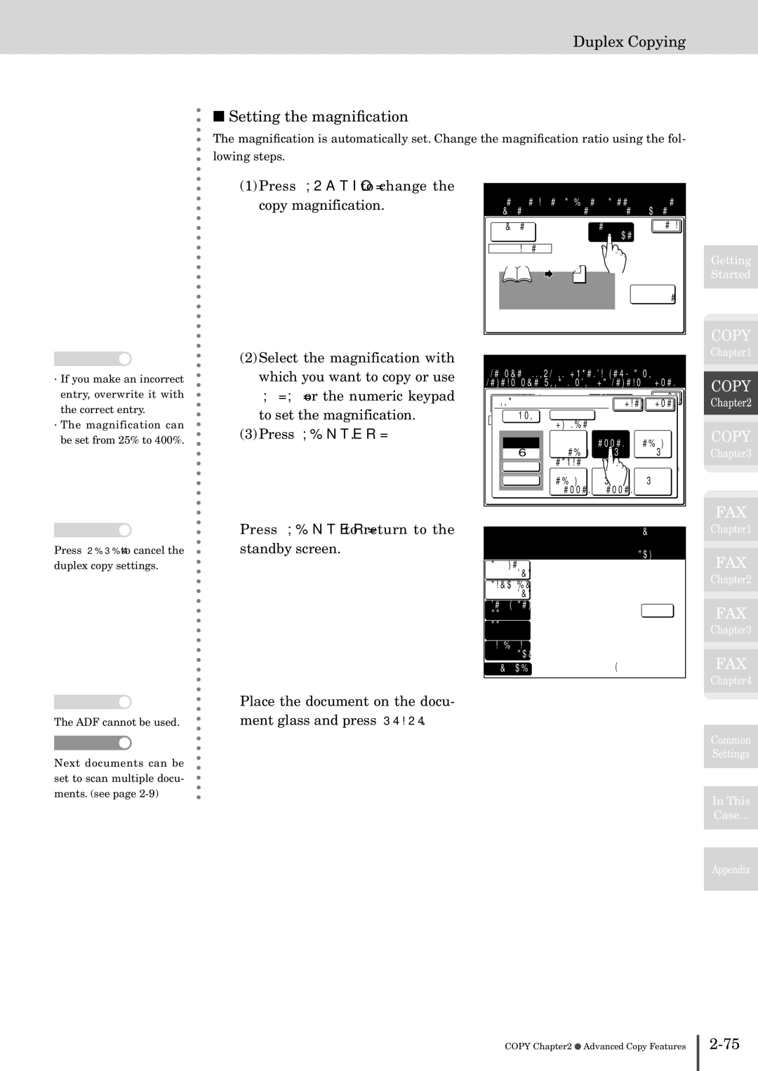 Muratec MFX-2830 manual Duplex Copying Setting the magniﬁcation, DuplexCopy BookFace Zoom 