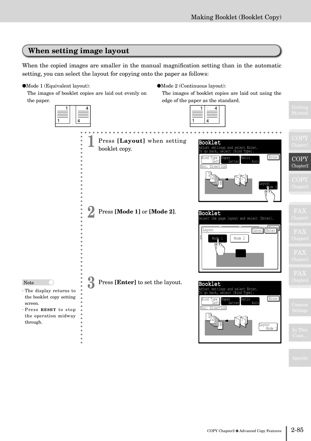 Muratec MFX-2830 When setting image layout, Press Layout when setting booklet copy, Press Mode 1 or Mode, Mode Layout 