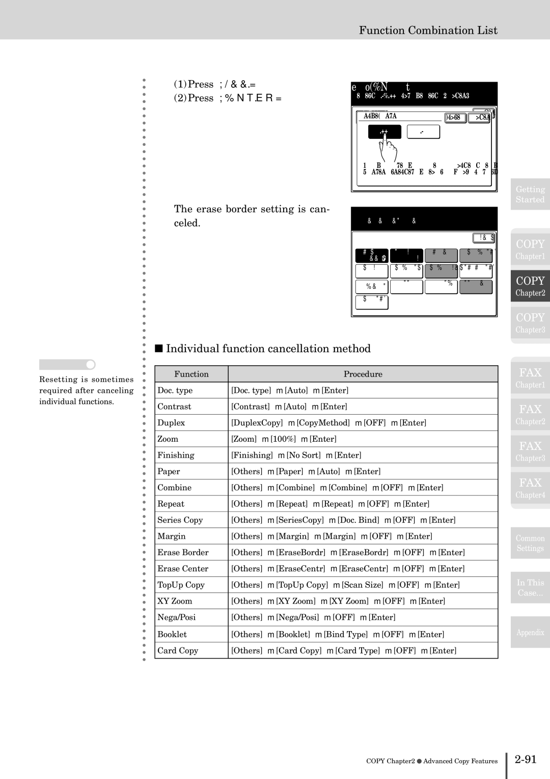 Muratec MFX-2830 manual Individual function cancellation method, Press OFF Press Enter Erase border setting is can- celed 