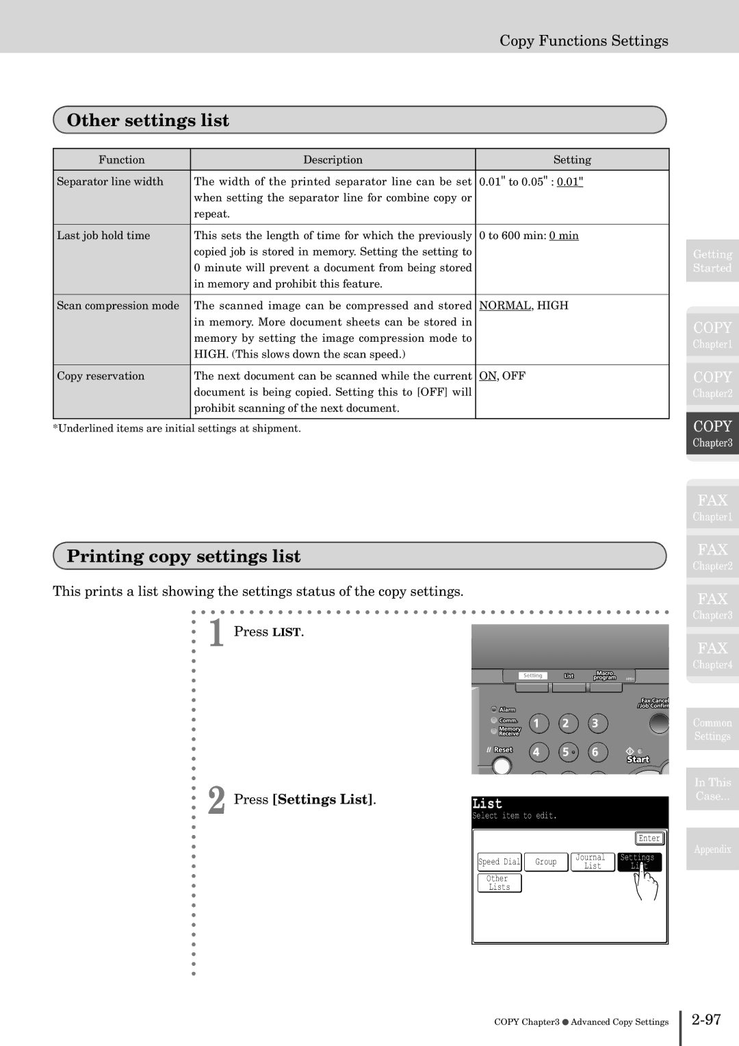 Muratec MFX-2830 manual Other settings list, Printing copy settings list, Press Settings List 