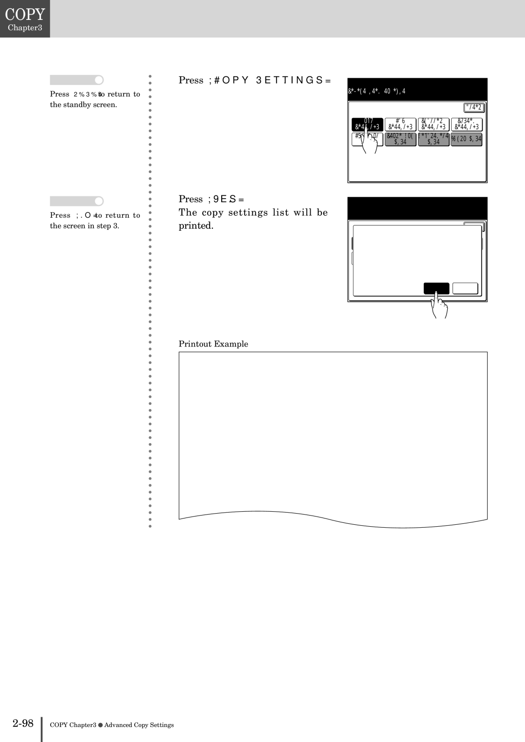 Muratec MFX-2830 manual Settings List, Press Copy Settings, Press Yes Copy settings list will be printed 