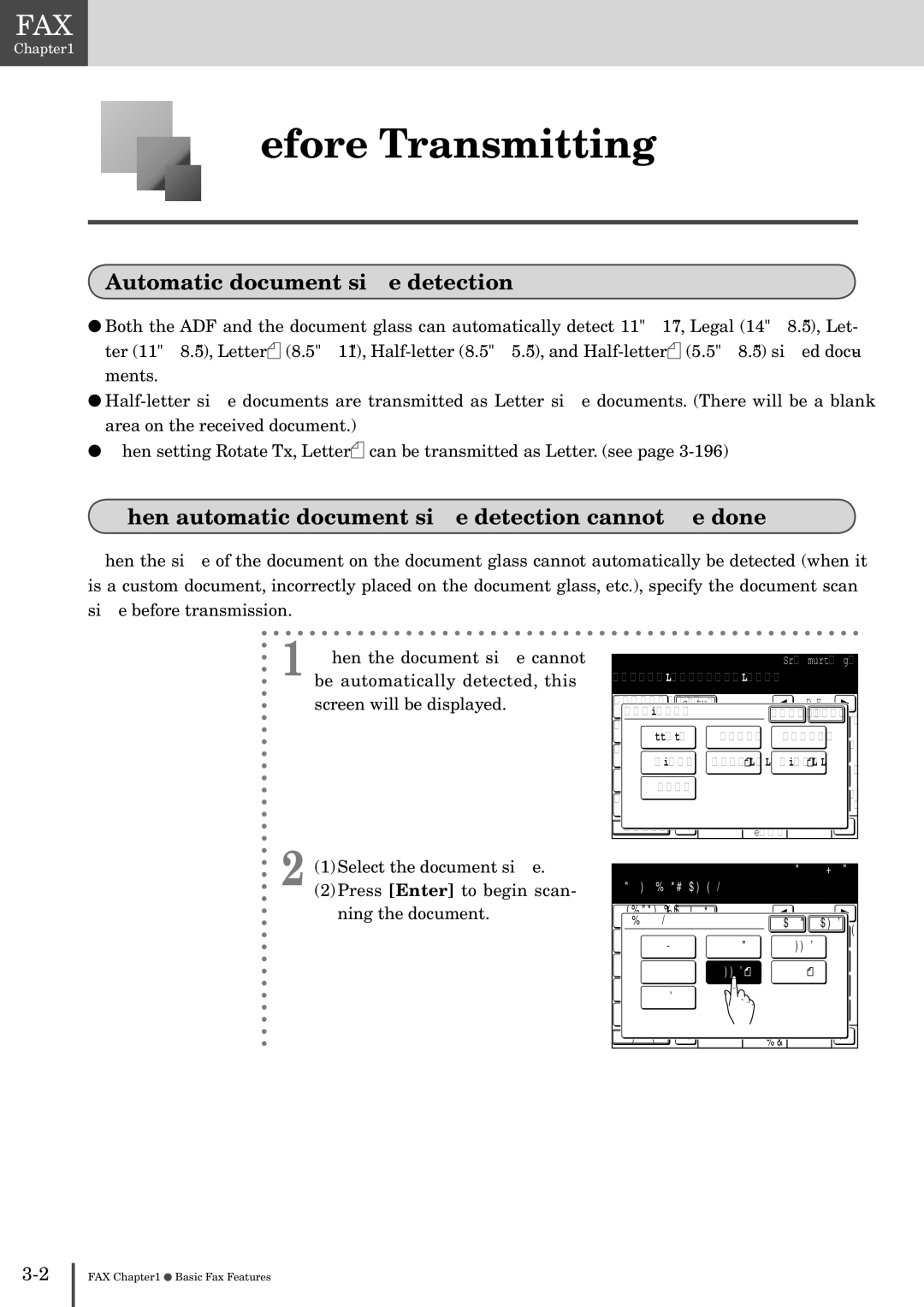 Muratec MFX-2830 manual Before Transmitting, Automatic document size detection, Select document size 