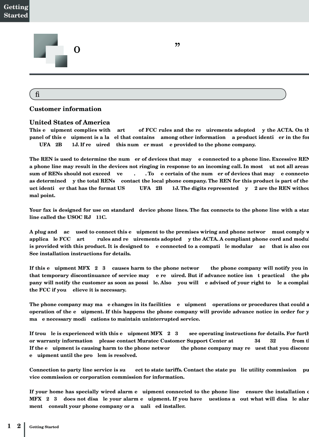 Muratec MFX-2830 manual Getting Started, Regulatory information, Customer information United States of America 