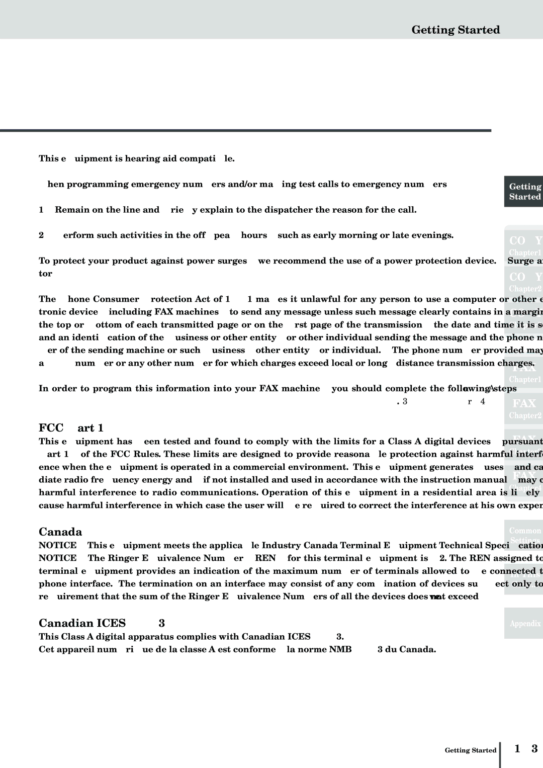 Muratec MFX-2830 manual Getting Started, FCC Part Canada Canadian ICES-003 