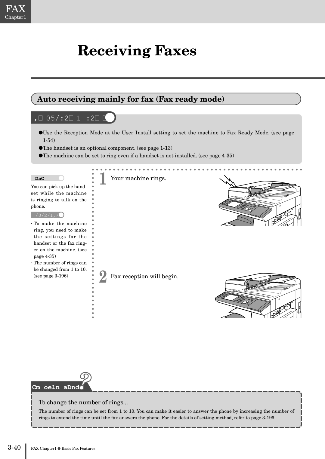 Muratec MFX-2830 manual Receiving Faxes, Auto receiving mainly for fax Fax ready mode, To change the number of rings 