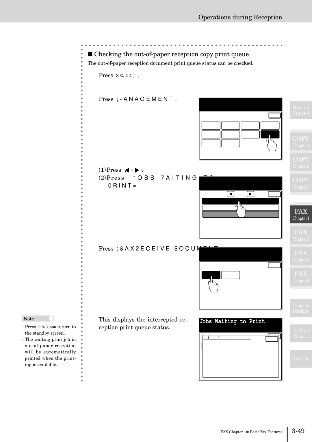 Muratec MFX-2830 manual Press Jobs Waiting to Print, Press FaxReceive Document, This displays the intercepted re 