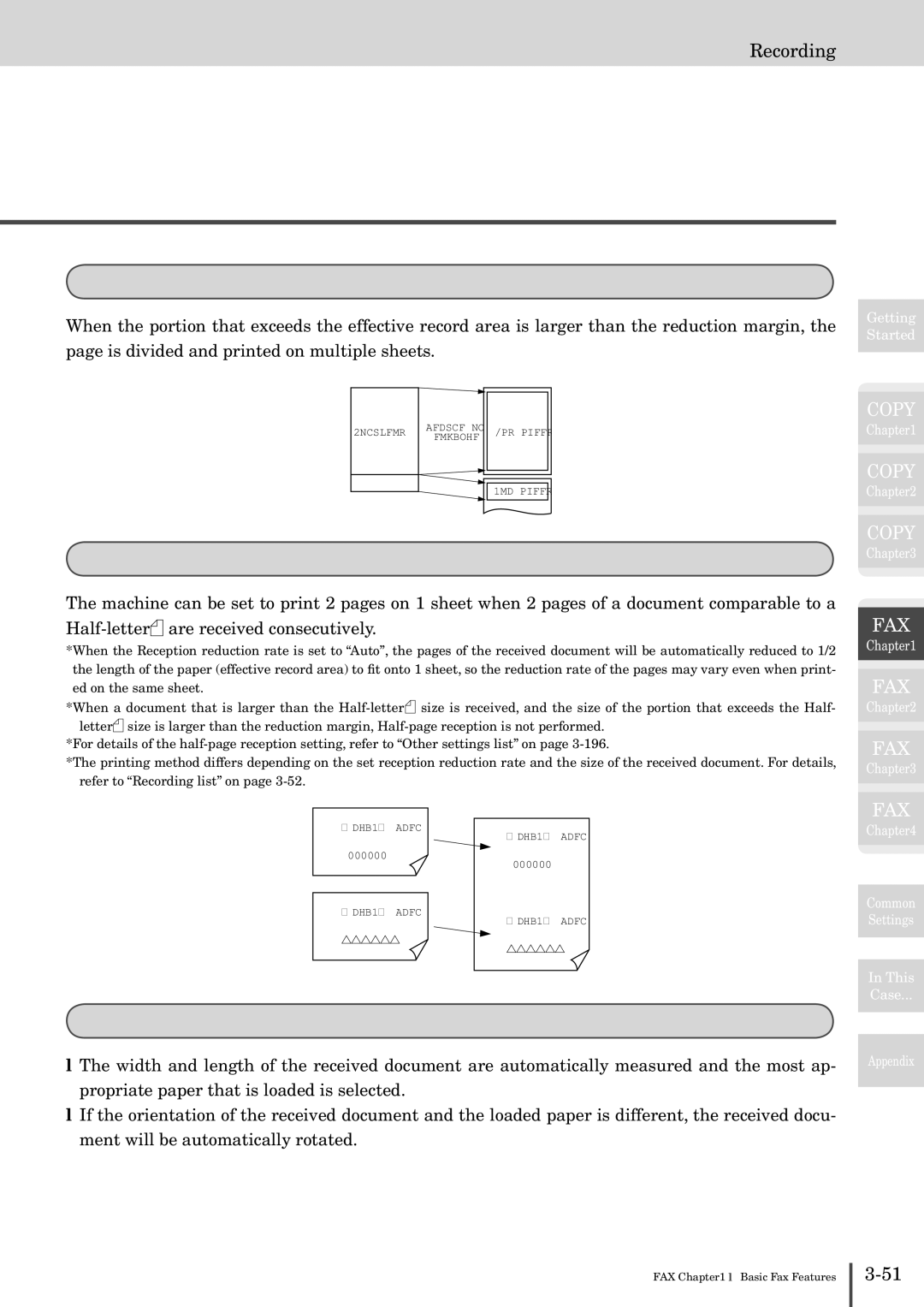 Muratec MFX-2830 manual Division, Half-page reception, Rotated reception, Recording 